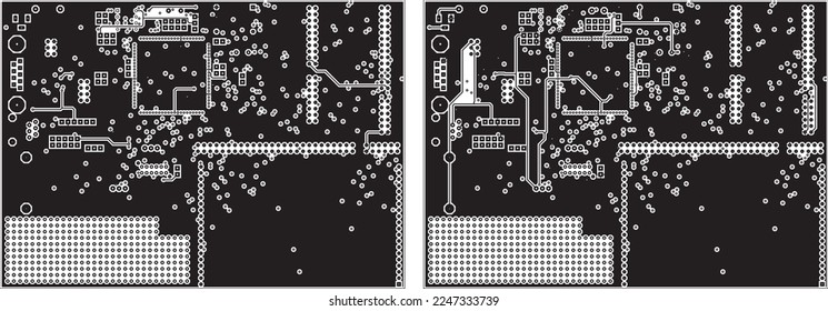 Wiring of the printed circuit board. Two inner layers of the board
on which printed conductors and copper
metallization areas are located.