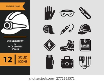 Wiring safety accessories tools icons solid vector style for electrical protection installation gear maintenance equipment systems