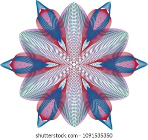 Wiry double layered guilloche sea-shell rosette with fluted petals in a green, blue and red color palette.