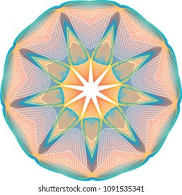 Wiry multi-layered woven guilloche wheel rosette with contrasting shades of purple, turquoise, orange and yellow lines forming an open-cut star.