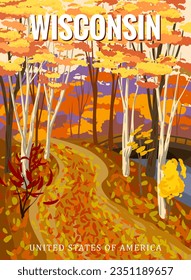 Wisconcin Autumn park valley, forest trail, walkway, trees yellow foliage. Poster fall seasone
