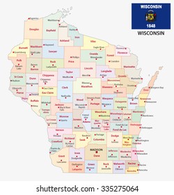Wisconsin administrative map with flag