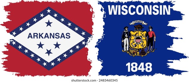 Wisconsin and Arkansas states grunge brush flags connection, vector