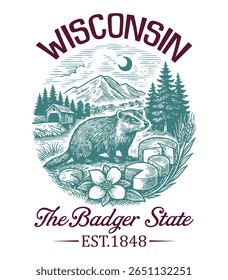 Wisconsin The Badger State - US State Vintage T-shirt Vector, USA States Cityscape Landmark Icons, American State Typography Shirt, USA Skyline Clipart, Retro travel city illustration