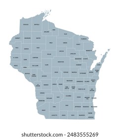 Grafschaften Wisconsin, graue politische Landkarte. Ein Staat in der Region der Großen Seen im oberen Mittleren Westen der Vereinigten Staaten, unterteilt in 72 Countys. Karte mit Grenzen und Landkreisnamen. Illustration