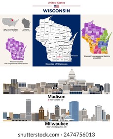 Wisconsin counties map and congressional districts since 2023 map. Madison (state's capital city) and Milwaukee (state's most populous city) skylines. Vector set