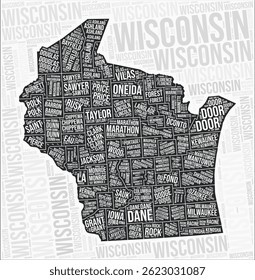 Os condados de Wisconsin mapeiam a nuvem de palavras. Nomes das regiões de Wisconsin. Design de mapa em preto e branco. Ilustração de vetor artístico.