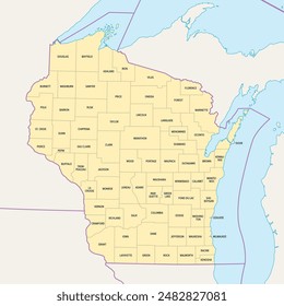 Wisconsin counties, political map. A state in the Great Lakes region of the Upper Midwest of the United States, subdivided into 72 counties. Map with boundaries and county names. Illustration. Vector