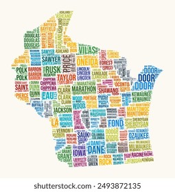 In: Wisconsin Counties Word Cloud. Staatliches Logo-Design. Counties Typografie Stil Vektorgrafik Bild. In: Wisconsin Coloured Text Cloud. Moderne Vektorillustration.