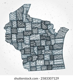 Wisconsin counties word cloud in a typographic style, shaped like the state on a textured background. Classy vector illustration.