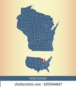 Wisconsin county map with names. Wisconsin state of USA map vector outline 