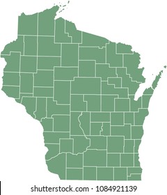 Wisconsin county map vector outline illustration green background. 