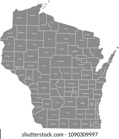 Wisconsin county map vector outline in gray background. Wisconsin state of USA map with counties names labeled