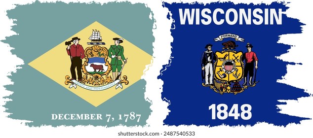 Wisconsin and Delaware states grunge brush flags connection, vector