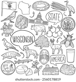 Wisconsin Doodle Icons Black and White Line Art. USA State Clipart Hand Drawn Symbol Design.Illustrator Artwork.	