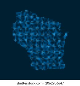 Wisconsin dotted glowing map. Shape of the US state with blue bright bulbs. Vector illustration.