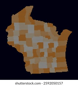 Wisconsin dotted map. Digital style map of the state on dark background. Wisconsin shape with circle dots. Colored dots style. Small size circles. Trending vector illustration.