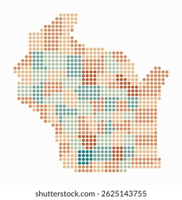 Wisconsin dotted map. Digital style map of the state on white background. Wisconsin shape with circle dots. Colored dots style. Large size circles. Modern vector illustration.