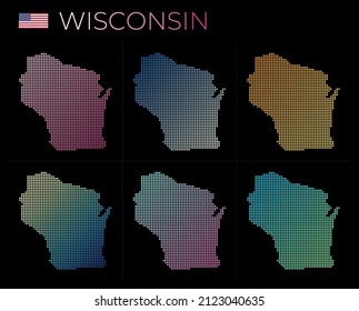 Wisconsin dotted map set. Map of Wisconsin in a dotted style with borders filled with beautiful smooth gradient circles. Astonishing vector illustration.