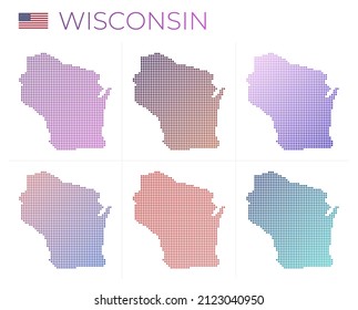 Wisconsin dotted map set. Map of Wisconsin in dotted style. Borders of the US state filled with beautiful smooth gradient circles. Artistic vector illustration.