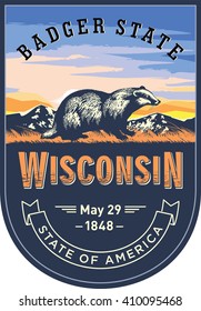 Wisconsin, emblem of the U.S. state, badger at dawn on a blue background