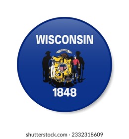 Icono del botón del círculo de la bandera de Wisconsin, insignia de redondeo del estado de EE.UU. con sombra. Ilustración vectorial 3D realista aislada en blanco.