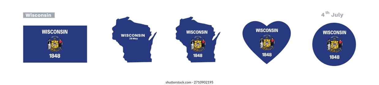  Wisconsin flag and map set. Wisconsin state flag in celebration of May 29th