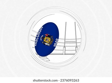 Wisconsin flag on rugby ball, lined circle rugby icon with ball in a crowded stadium. Vector sport emblem on abstract background.