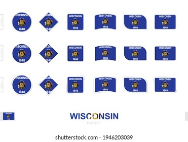 Wisconsin flag set, simple flags of Wisconsin with three different effects. Vector illustration.