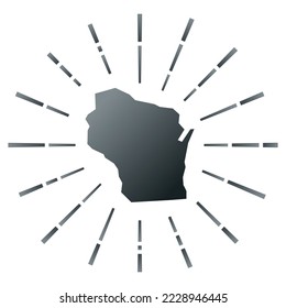 Wisconsin gradiented sunburst. Map of the US state with colorful star rays. Wisconsin illustration in digital, technology, internet, network style. Vector illustration.