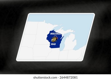 Wisconsin Highlighted in Flag Colors on Geographic Map. Modern Map on a dark abstract backdrop.