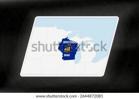Wisconsin Highlighted in Flag Colors on Geographic Map. Modern Map on a dark abstract backdrop.