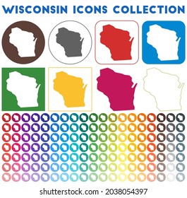 Wisconsin icons collection. Bright, colorful, trendy map icons. Modern Wisconsin badge with US state map. Vector illustration.