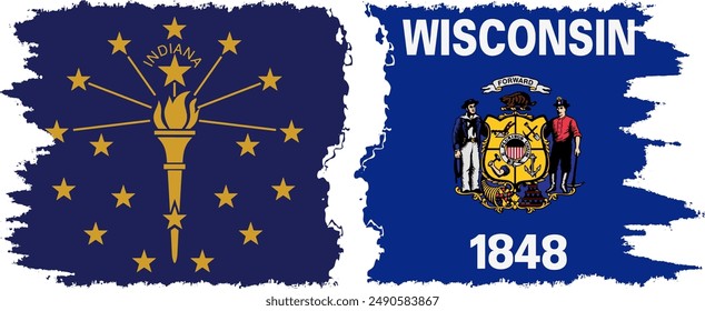 Wisconsin and Indiana states grunge brush flags connection, vector