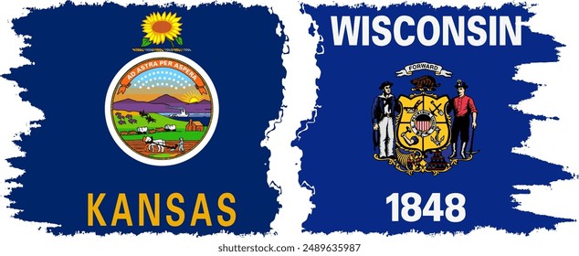 Wisconsin and Kansas states grunge brush flags connection, vector