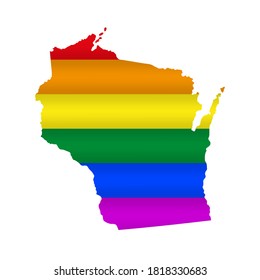 Wisconsin LGBT flag map. Vector illustration. Slightly wavy rainbow gay pride flag map.