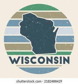 Logo de Wisconsin. Firmar con el mapa del estado de ee.uu. y franjas coloreadas, ilustración vectorial. Puede utilizarse como insignia, logotipo, etiqueta, pegatina o insignia del Wisconsin.