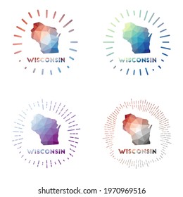 Wisconsin low poly sunburst set. Logo of US state in geometric polygonal style. Vector illustration.