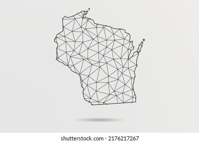 Mapa de Wisconsin - Resumen de la línea de mash y las escalas de puntos sobre fondo blanco con el mapa de EE.UU. Malla 3D del marco de cables línea de red poligonal, esfera de diseño, punto y estructura - Ilustración vectorial eps 10