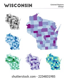 Wisconsin map collection. Borders of Wisconsin for your infographic. Colored US state regions. Vector illustration.