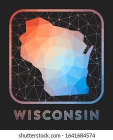 Wisconsin map design. Vector low poly map of the US state. Wisconsin icon in geometric style. The US state shape with polygonal gradient and mesh on dark background.