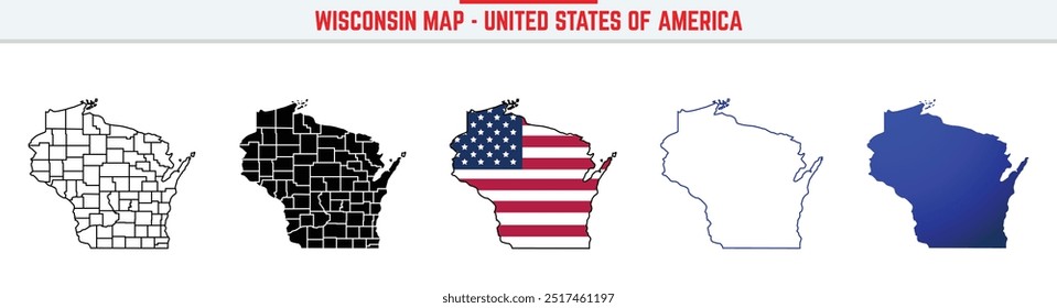Wisconsin-Karte mit editierbarem Strichsymbol. Wisconsin USA State Thin Line Symbol, Wisconsin Karte Vektorgrafik, Wisconsin, WI Silhouette Vektorgrafik