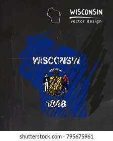 Wisconsin map with flag inside on the blackboard. Chalk sketch vector illustration
