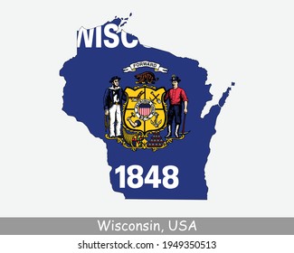 Wisconsin Map Flag. Map of WI, USA with the state flag isolated on a white background. United States, America, American, United States of America, US State. Vector illustration.