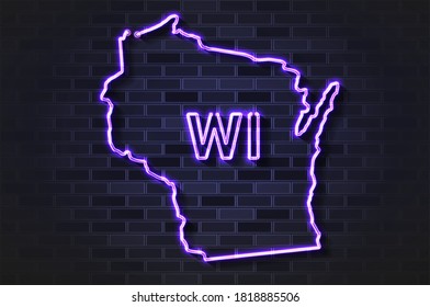 Lámpara de neón brillante o tubo de vidrio de Wisconsin map. Ilustración vectorial realista. Muro de ladrillo negro, sombra suave.