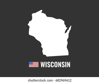 Wisconsin map isolated on black background silhouette. Wisconsin USA state. American flag. Vector illustration.