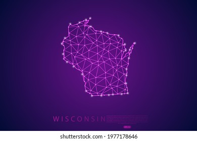 Wisconsin Map mash line and point scales on purple technology background. Wire Frame 3D mesh polygonal network line, design sphere, dot and structure -  Vector illustration eps 10