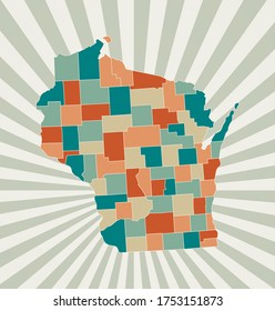 Wisconsin map. Poster with map of the US state in retro color palette. Shape of Wisconsin with sunburst rays background. Vector illustration.
