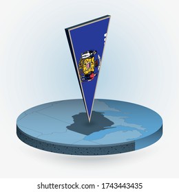 Wisconsin map in round isometric style with triangular 3D flag of US State Wisconsin, vector map in blue color.