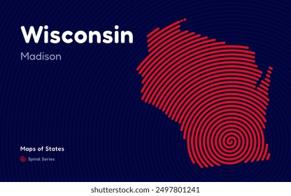 Karte von Wisconsin in Spiralform: Madison steht im Mittelpunkt. Fingerabdruck und Streifenmuster. Landkarten amerikanischer Bundesstaaten.